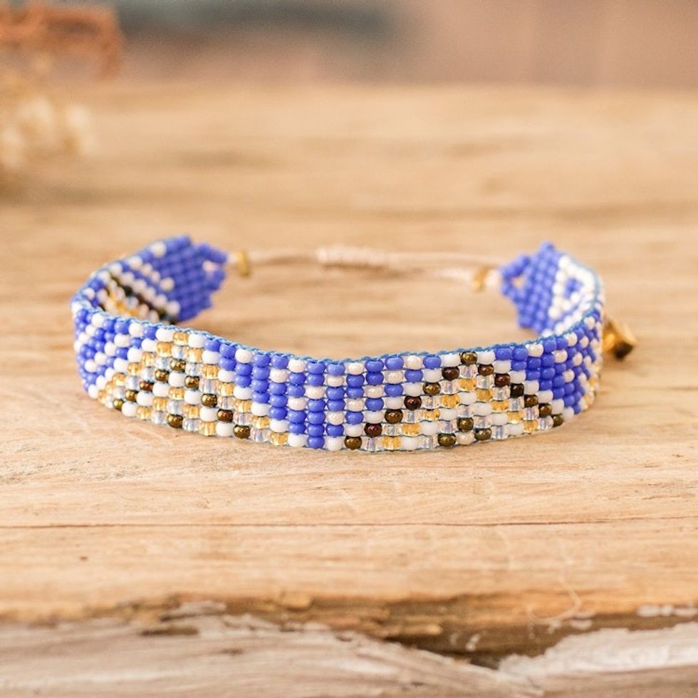 Geometric Blue and Golden Glass Beaded Wristband Bracelet 'Bright Atitlan'