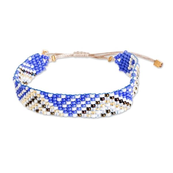Alternate image for Geometric Blue and Golden Glass Beaded Wristband Bracelet Bright Atitlan