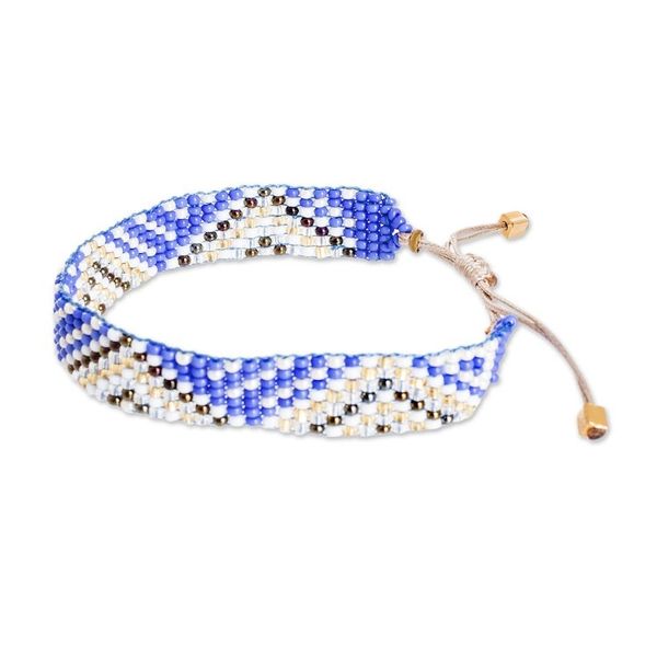Alternate image for Geometric Blue and Golden Glass Beaded Wristband Bracelet Bright Atitlan