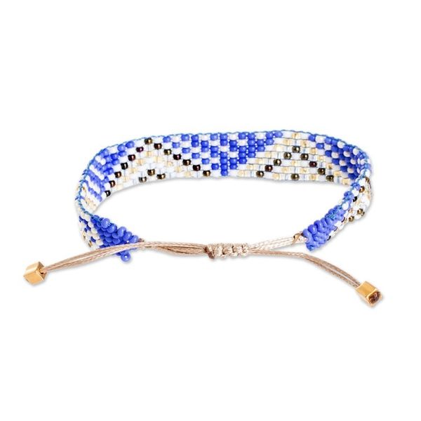 Alternate image for Geometric Blue and Golden Glass Beaded Wristband Bracelet Bright Atitlan