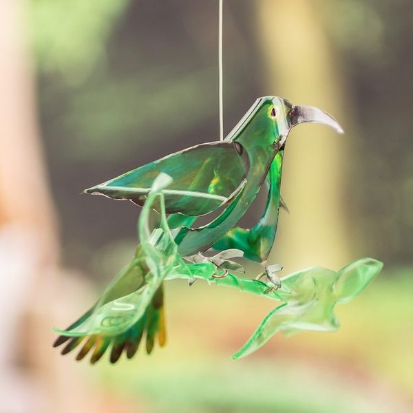 Alternate image for Hand-Painted Recycled Plastic Mobile of a Green Hummingbird Magical Fauna