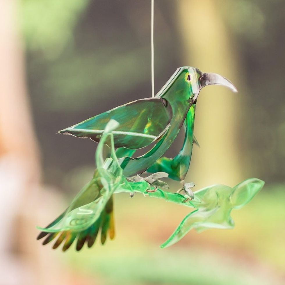 Hand-Painted Recycled Plastic Mobile of a Green Hummingbird 'Magical Fauna'