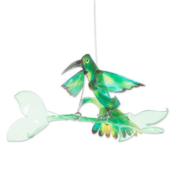 Alternate image for Hand-Painted Recycled Plastic Mobile of a Green Hummingbird Magical Fauna