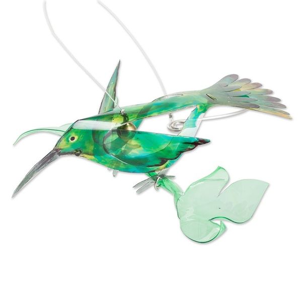 Alternate image for Hand-Painted Recycled Plastic Mobile of a Green Hummingbird Magical Fauna