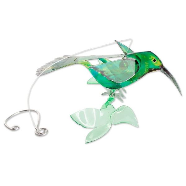 Alternate image for Hand-Painted Recycled Plastic Mobile of a Green Hummingbird Magical Fauna
