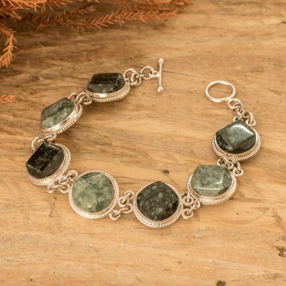 Sterling Silver Light and Dark Green Jade Link Bracelet 'Glamorous Flair'