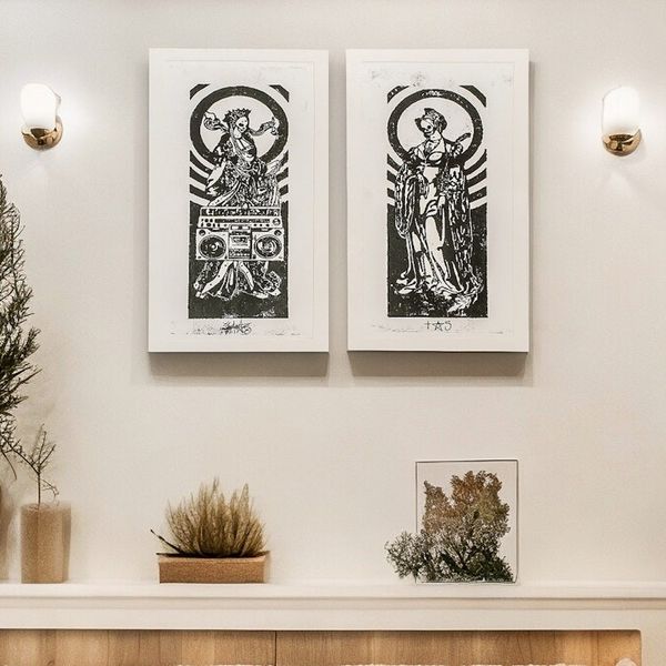 Alternate image for Handmade Expressionist Diptych Woodcut Print of The Reaper Boom Box
