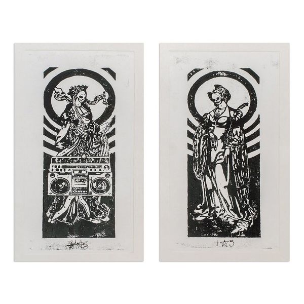 Alternate image for Handmade Expressionist Diptych Woodcut Print of The Reaper Boom Box