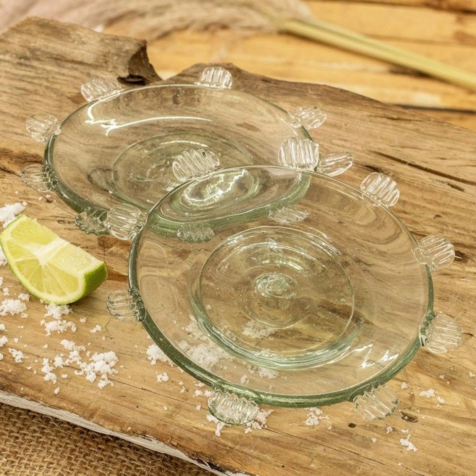 Pair of Blown Recycled Glass Dessert Plates from Guatemala 'Feathers'