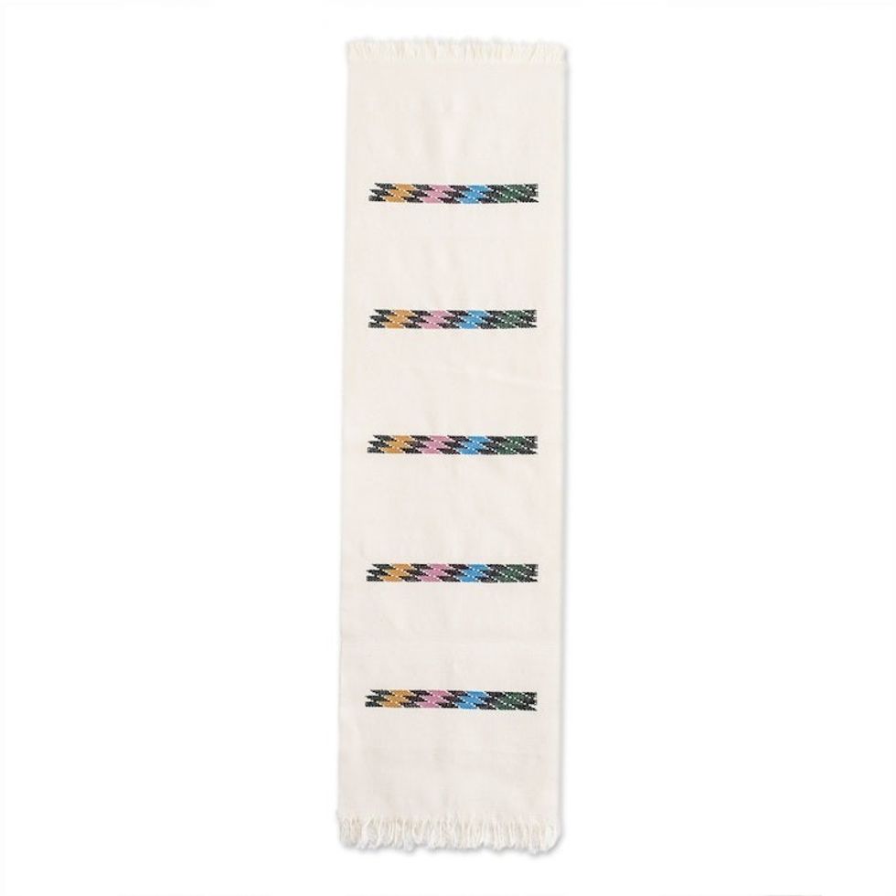 Woven Colorful Cotton Table Runner in an Alabaster Base Hue 'Alabaster Rainbow'