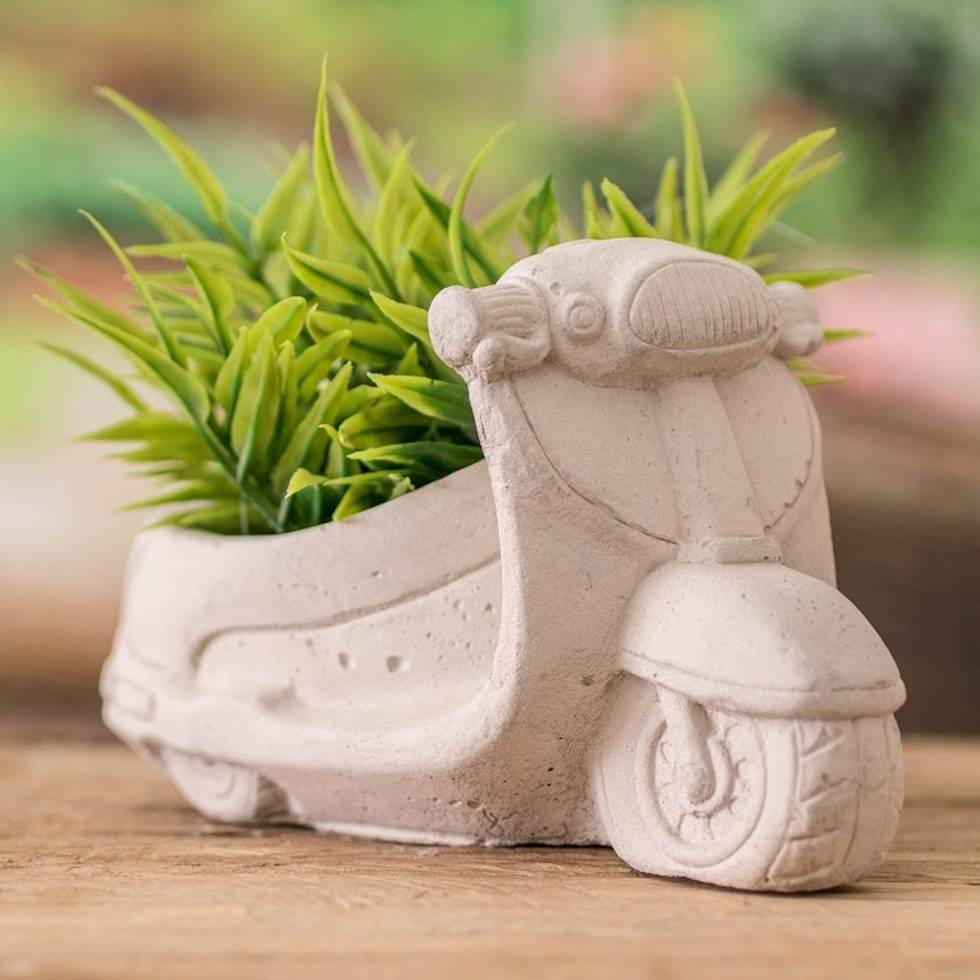 Handcrafted Whimsical Classic Scooter Cement Flower Pot 'Evergreen Scooter'