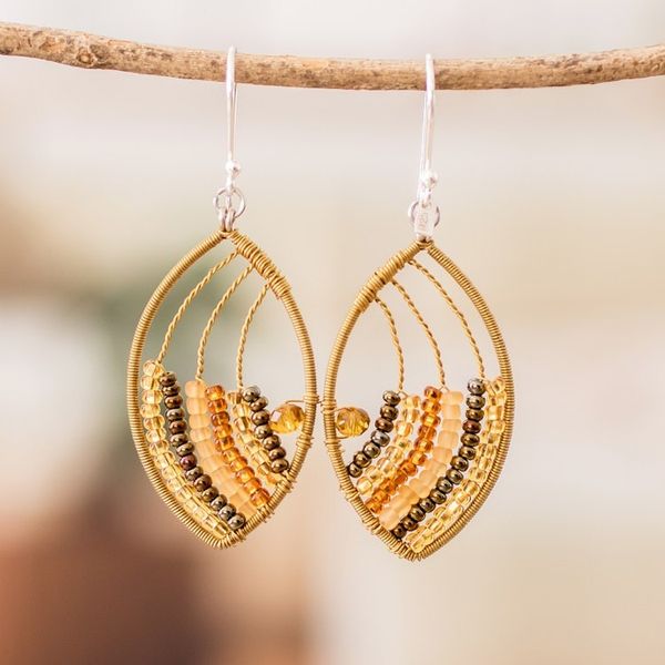 Alternate image for Guatemalan Handmade Crystal Glass Beaded Dangle Earrings Fashionable Gold
