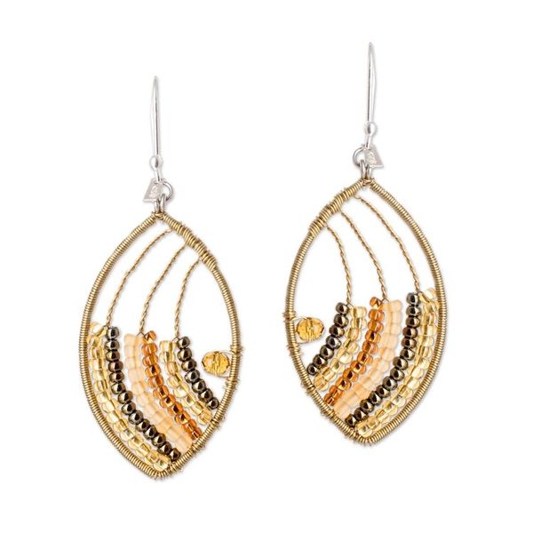Alternate image for Guatemalan Handmade Crystal Glass Beaded Dangle Earrings Fashionable Gold