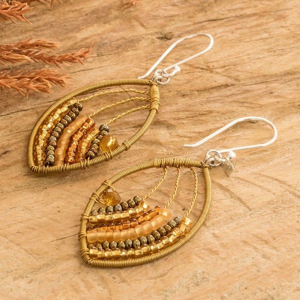 Alternate image for Guatemalan Handmade Crystal Glass Beaded Dangle Earrings Fashionable Gold