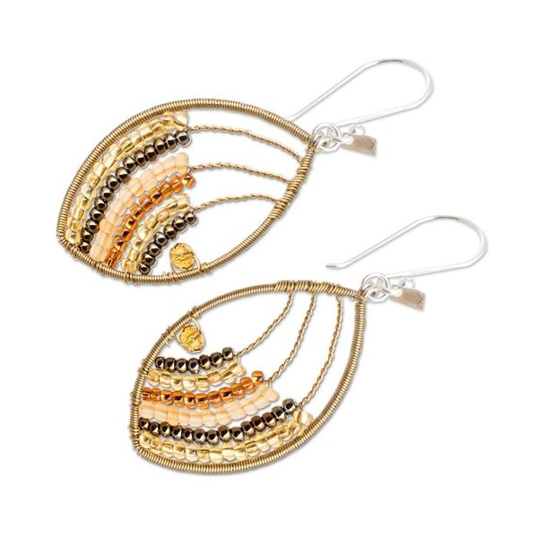 Alternate image for Guatemalan Handmade Crystal Glass Beaded Dangle Earrings Fashionable Gold