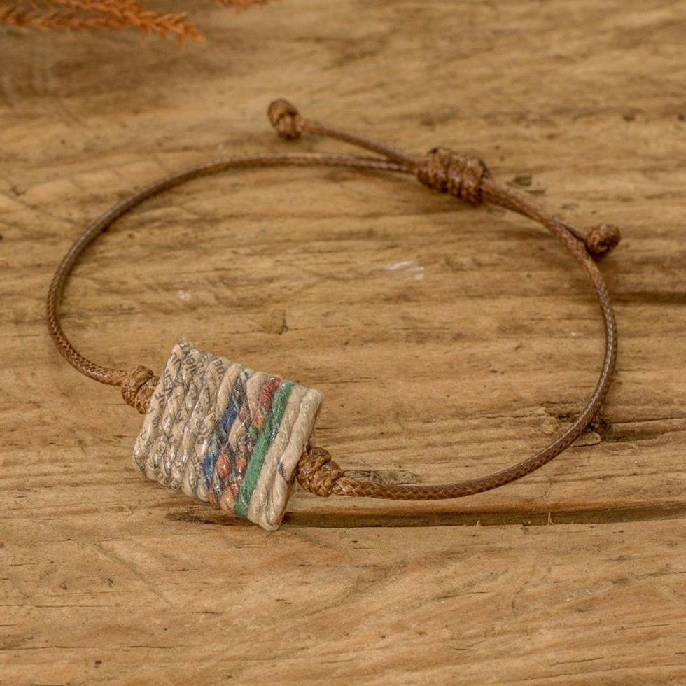 Eco-Friendly Adjustable Recycled Paper Pendant Bracelet 'History Threads in Brown'