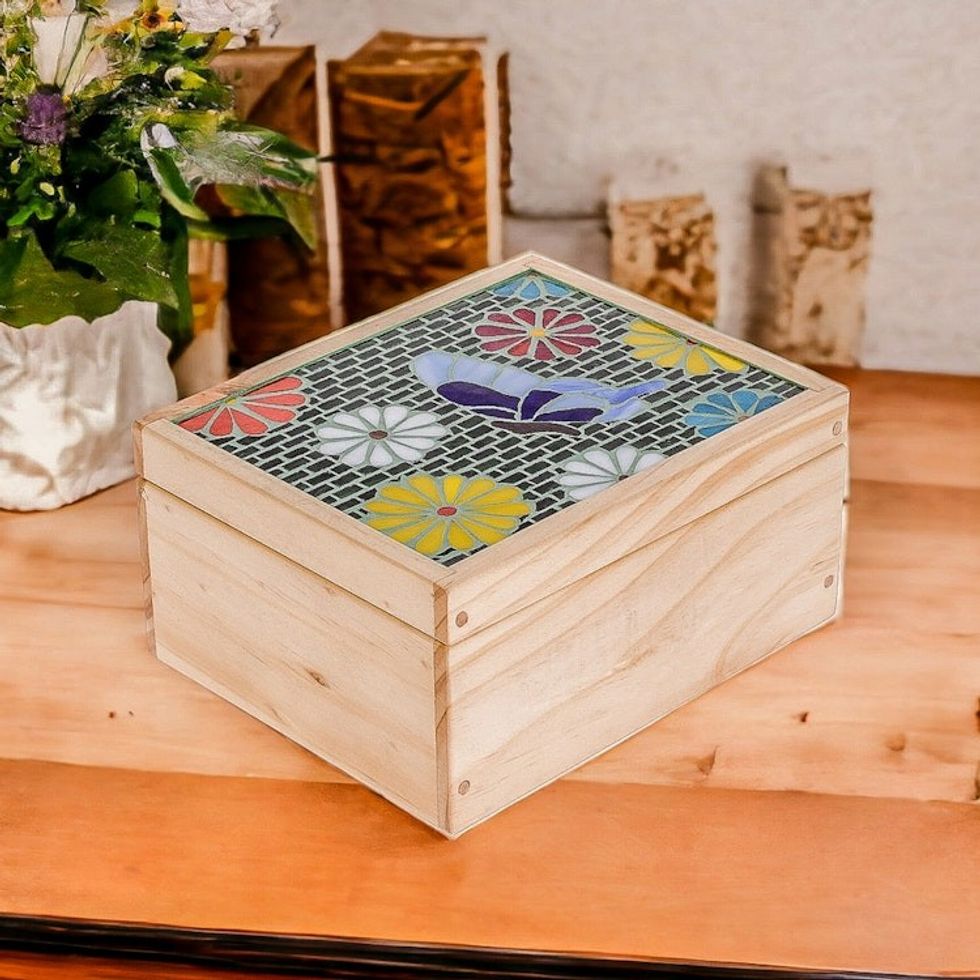 Handcrafted Floral Mosaic Pinewood Tea Box in White 'Delightful Spring'