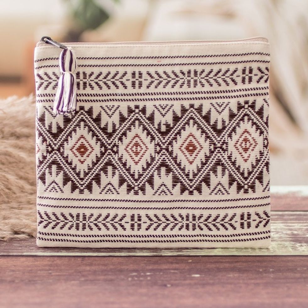Geometric Patterned Zippered Ivory Cotton Cosmetic Bag 'Stellar Paths'