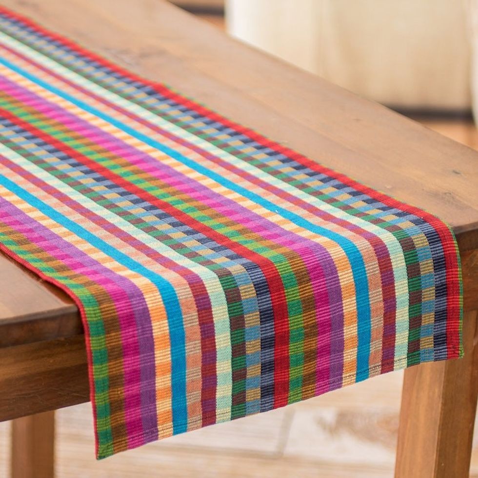 Guatemalan Handwoven Colorful Checkered Cotton Table Runner 'Checkered Vibrancy'