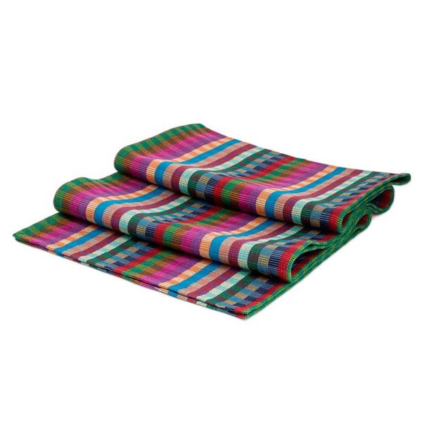 Alternate image for Guatemalan Handwoven Colorful Checkered Cotton Table Runner Checkered Vibrancy