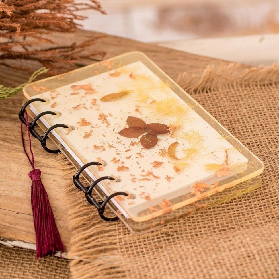 Handcrafted Leafy Resin Journal with Burgundy Tassel 'Evening Forest'