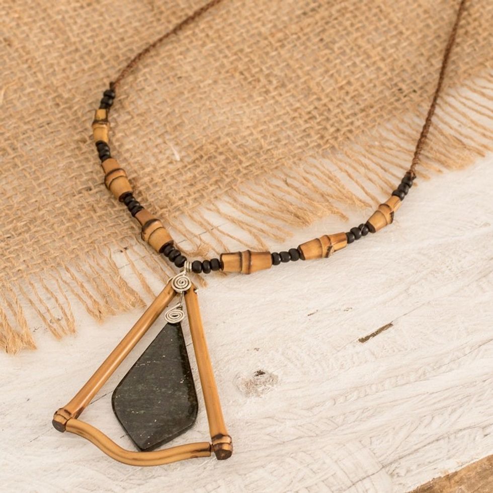Handmade Dark Green Jade and Bamboo Beaded Pendant Necklace 'Natural Appeal'