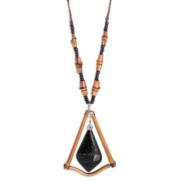 Alternate image for Handmade Dark Green Jade and Bamboo Beaded Pendant Necklace Natural Appeal