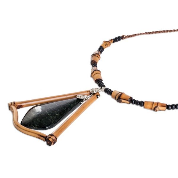 Alternate image for Handmade Dark Green Jade and Bamboo Beaded Pendant Necklace Natural Appeal