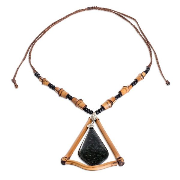Alternate image for Handmade Dark Green Jade and Bamboo Beaded Pendant Necklace Natural Appeal
