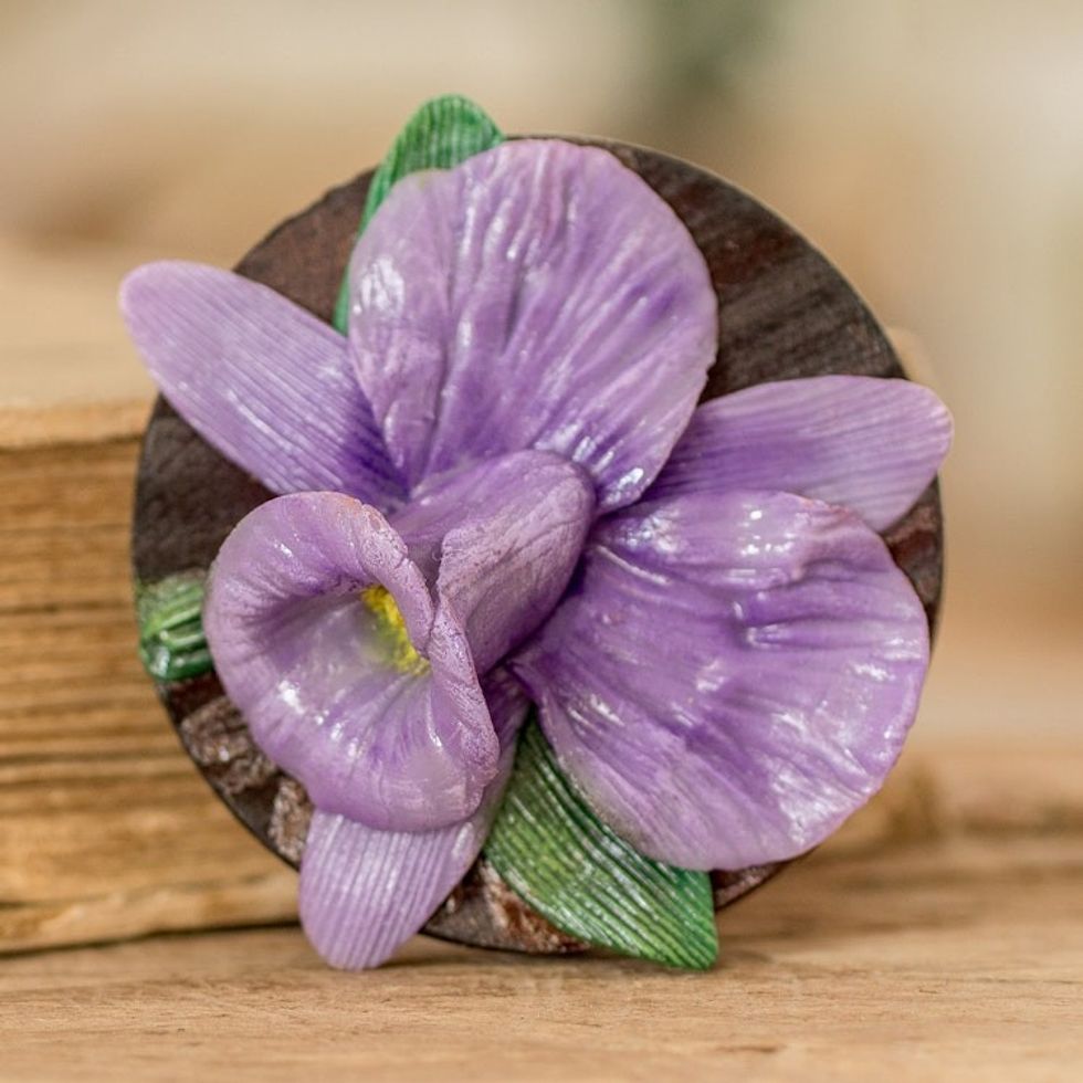 Handmade Painted Pinewood and Cold Porcelain Flower Magnet 'The Tropical Guaria'