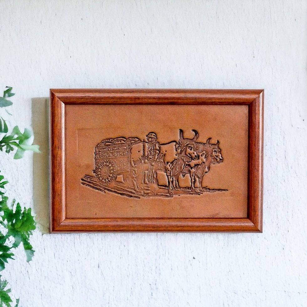 Handcrafted Classic Pinewood-Framed Leather Wall Art 'Rustic Wagon'