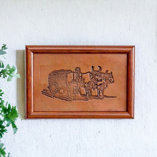 Alternate image for Handcrafted Classic Pinewood-Framed Leather Wall Art Rustic Wagon