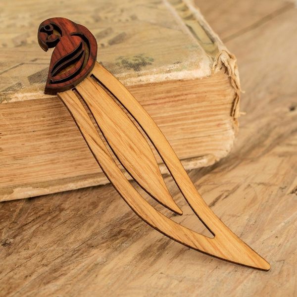 Alternate image for Macaw-Themed Leafy Teak and Mora Wood Bookmark Intellectual Macaw