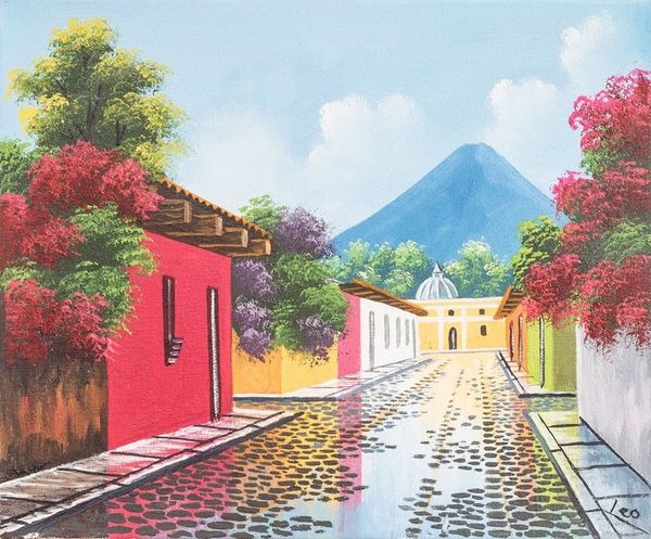 Alternate image for Impressionist Oil Painting of Small Town Street in Guatemala Saint Francis Street