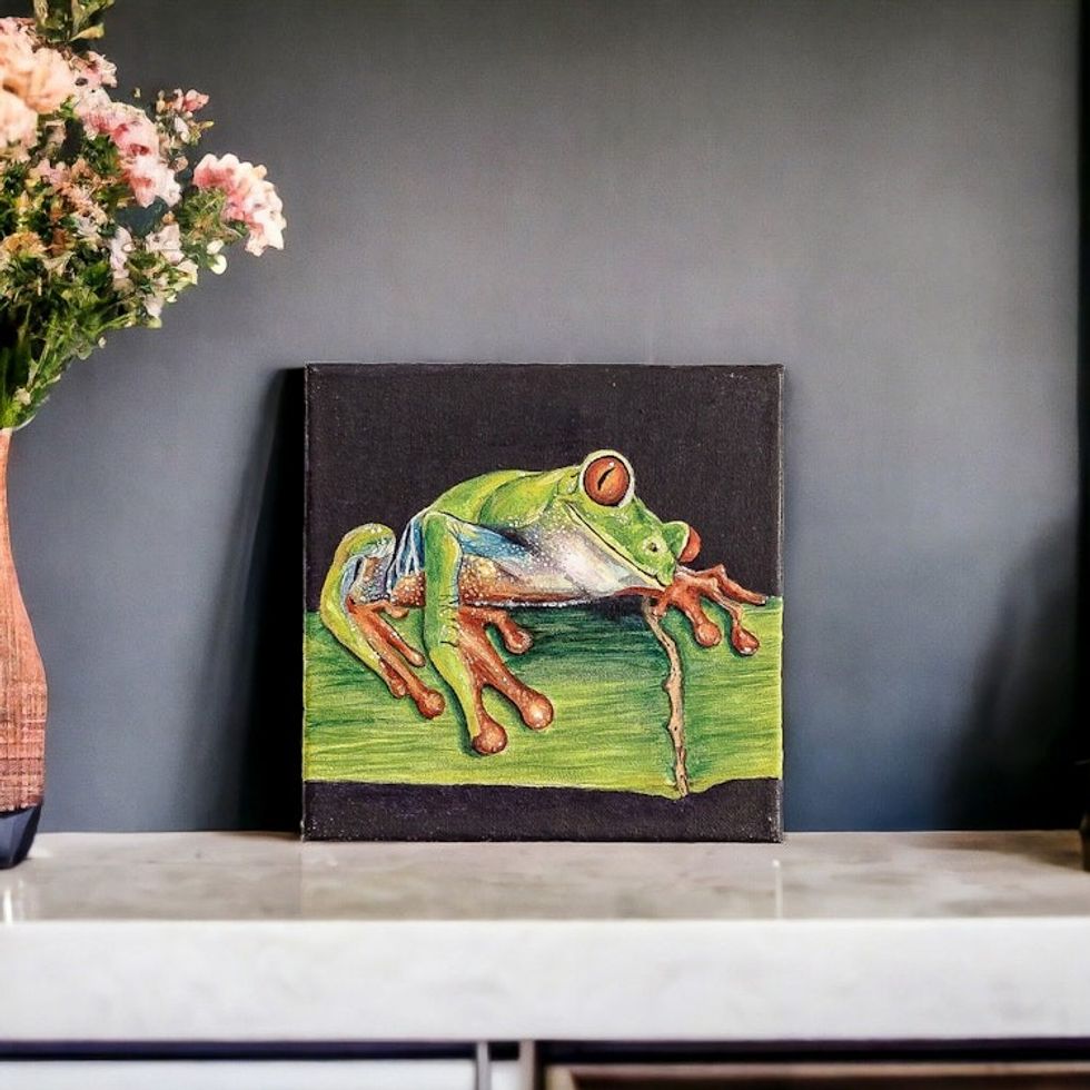 Eco-Friendly Acrylic on Canvas Realistic Frog Painting 'Charming Red-Eyed Tree Frog'
