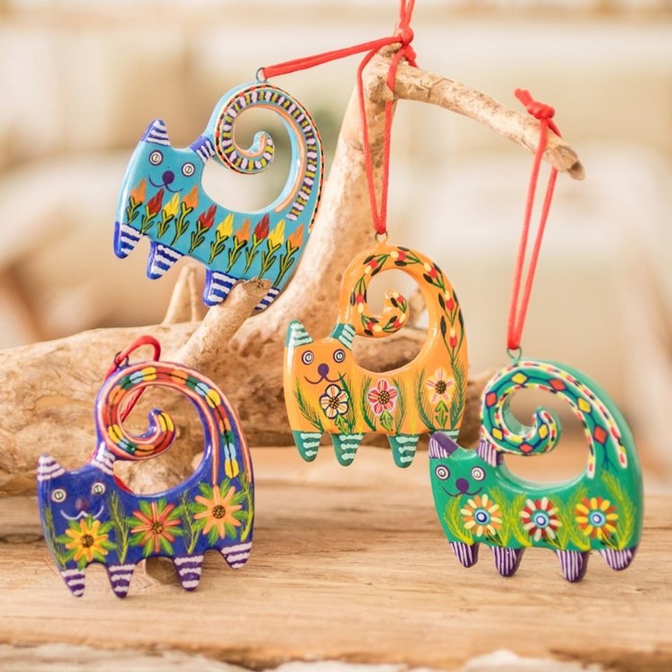 Hand-Painted Cat-Themed Floral Ceramic Ornaments Set of 4 'Festive Felines'