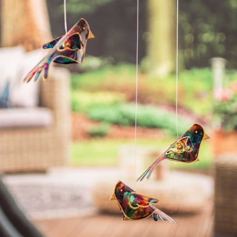 Handmade Recycled Plastic Mobile with Three Vibrant Birds 'Enchanted Flight'