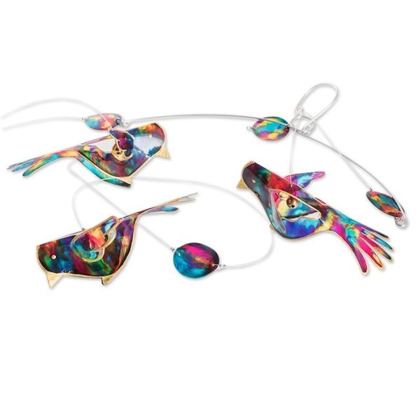 Alternate image for Handmade Recycled Plastic Mobile with Three Vibrant Birds Enchanted Flight