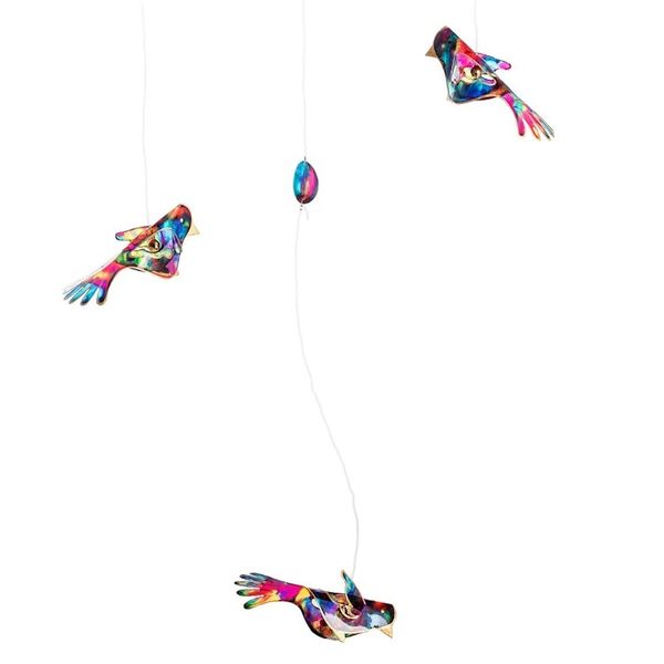 Alternate image for Handmade Recycled Plastic Mobile with Three Vibrant Birds Enchanted Flight