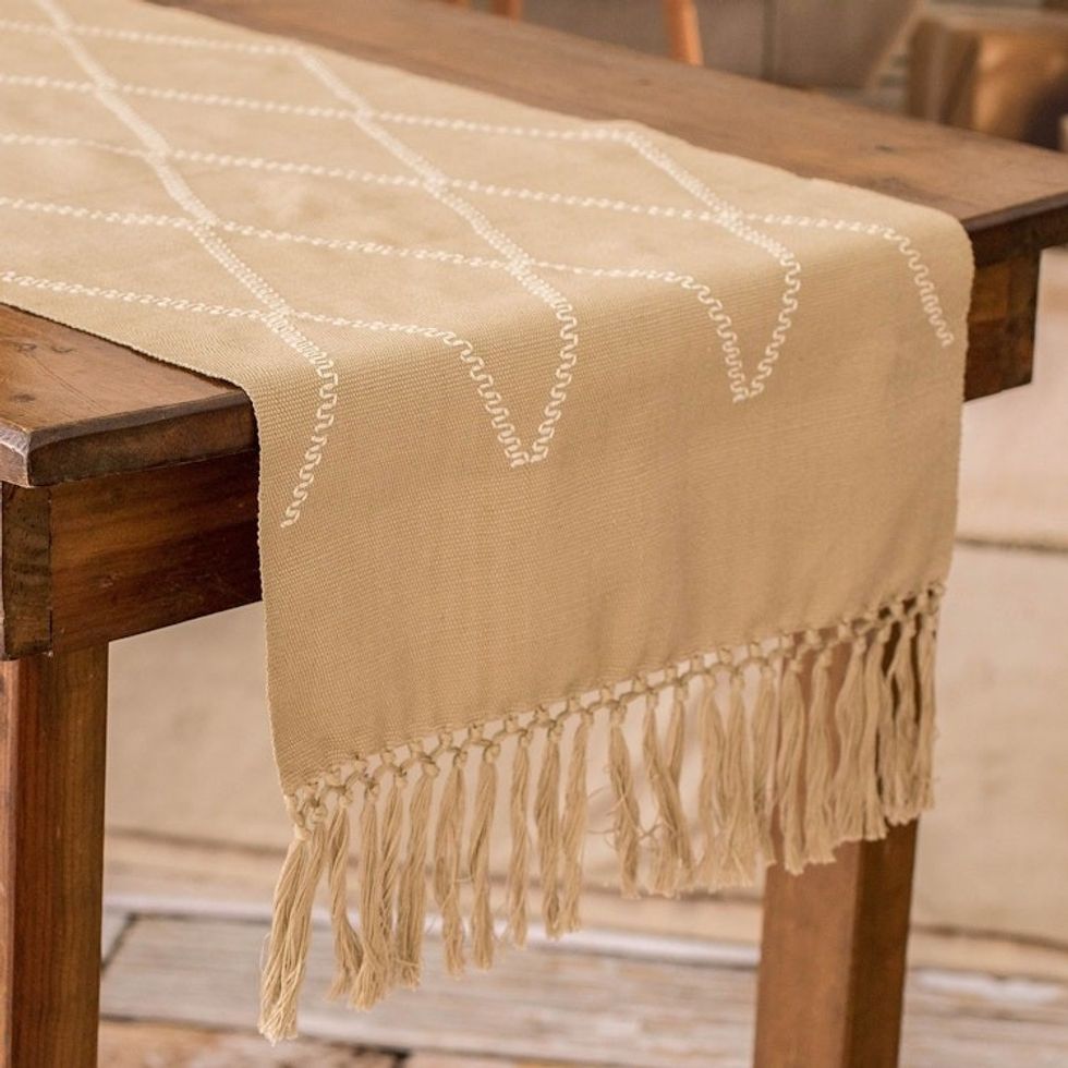 Hand-Woven Green Cotton Table Runner with Diamond Motifs 'Diamond Paths'