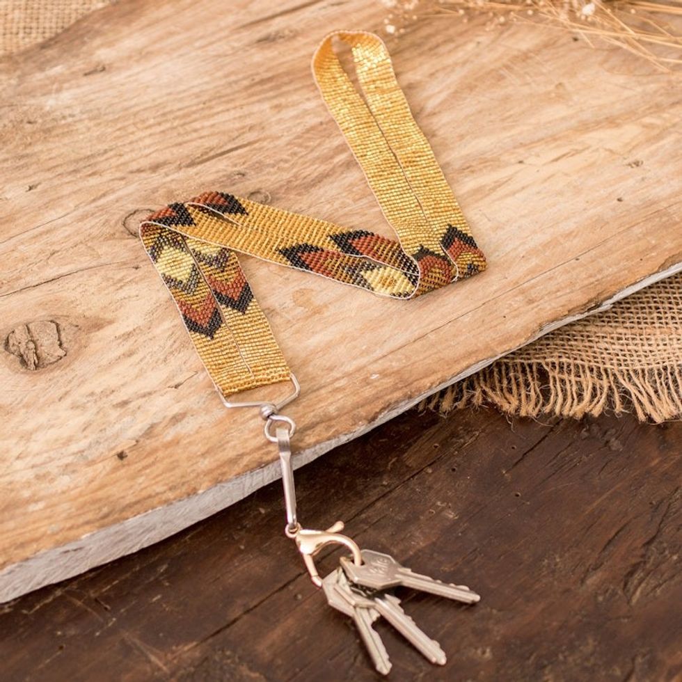 Handmade Beaded Neck Lanyard Keychain Holder in Gold Hue 'Handy and Trendy'
