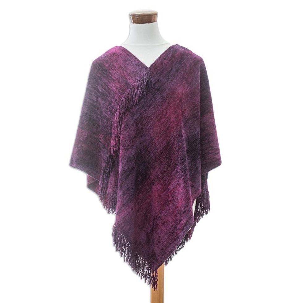 Handwoven Cotton Blend Poncho in Fuchsia and Purple Hues 'Forest Berry'
