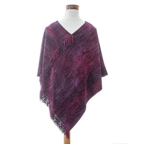 Alternate image for Handwoven Cotton Blend Poncho in Fuchsia and Purple Hues Forest Berry