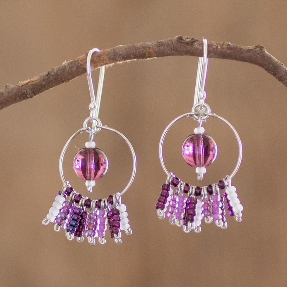 Purple Beaded Dangle Earrings With Sterling Silver Hooks 'Purple Waterfall'