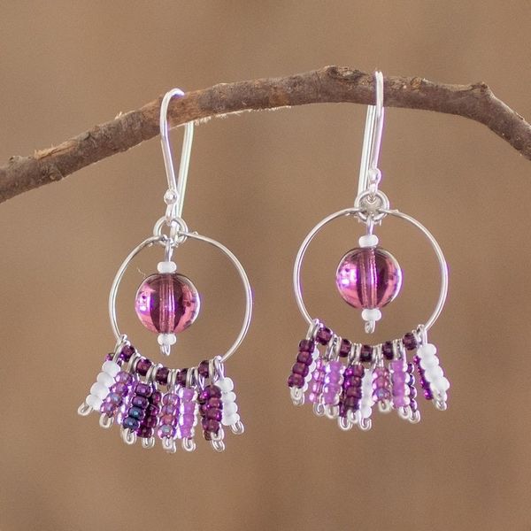 Alternate image for Purple Beaded Dangle Earrings With Sterling Silver Hooks Purple Waterfall