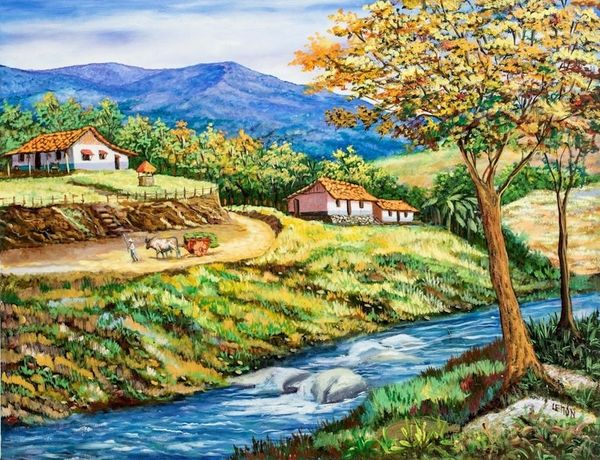 Alternate image for Original Signed Costa Rican Landscape Oil Painting Amid Mountains
