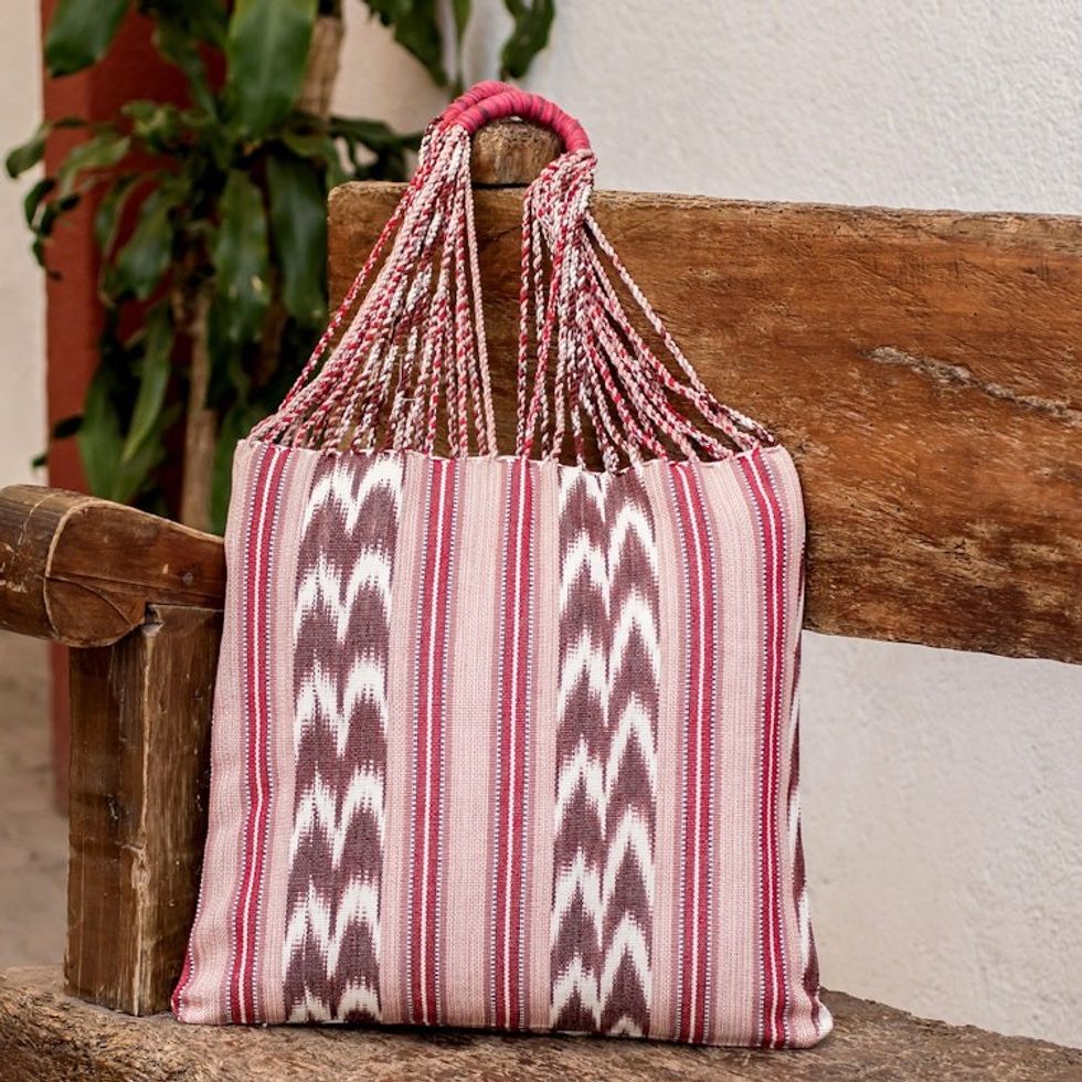 Hand-Woven Patterned Cotton Tote Bag in Red Brown and Ivory 'Natural Burgundy'