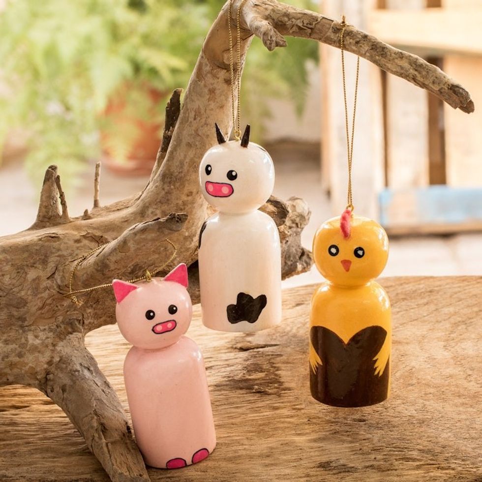 Hand-painted Reclaimed Wooden Ornaments Set of 3 'Farm Friends'