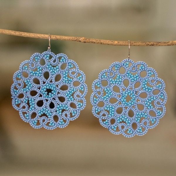 Alternate image for Hand-Tatted Blue Dangle Earrings with Glass Beads Life Harmony in Blue