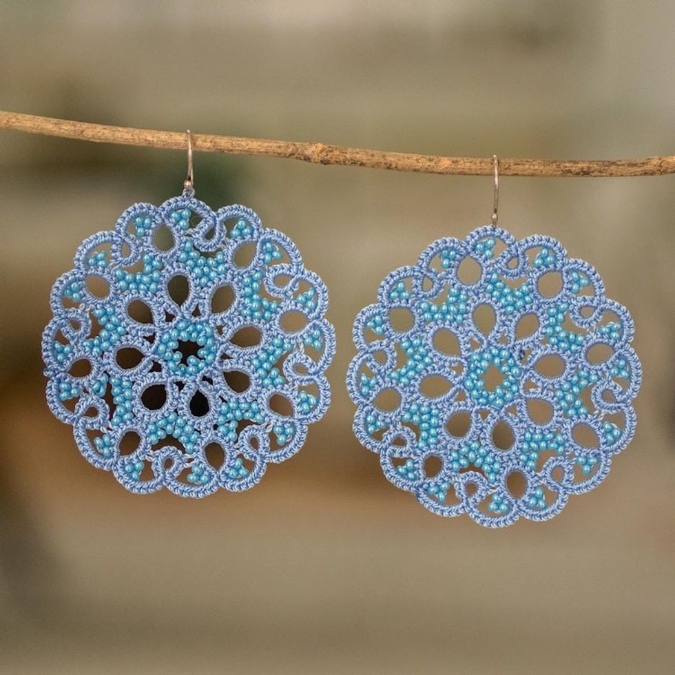Hand-Tatted Blue Dangle Earrings with Glass Beads 'Life Harmony in Blue'